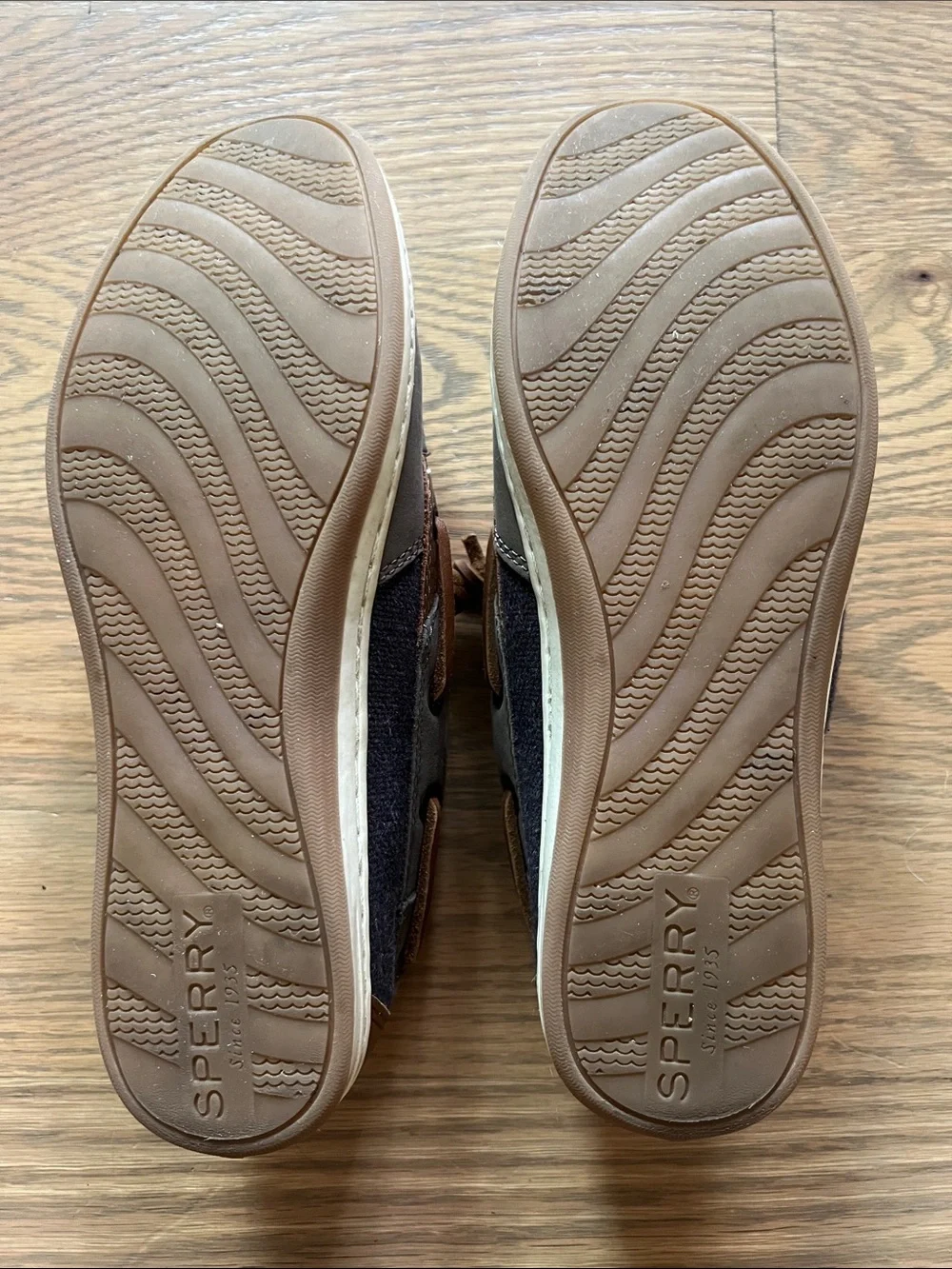 Women’s Sperry Taupe and Navy Boat Shoes with Brown Leather Accents